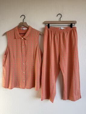 Fresh Produce 100% Cotton Sleeveless Top & Pant Set XL Coral Made In USA Coastal